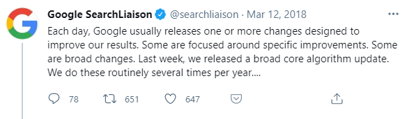 tuit de google search liaison sobre el update de marzo de 2018