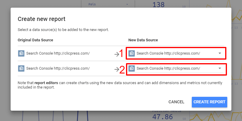 elegir fuente de datos en search console data studio 1